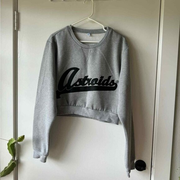 Upcycled Large grey cropped Astroids‎ Jersey sweatshirt sweater TYPO - Picture 1 of 9